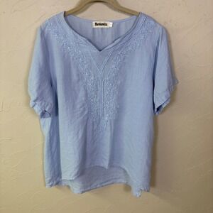 Mordenmiss Linen Blouse Women Large Blue Embroidered V Neck Short Sleeve Boho